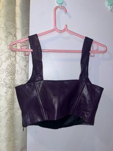 🖤 Zara Faux Leather Corset Top – Deep Plum