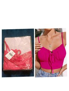 Hot Pink Tie-Front Ruched Crop Top