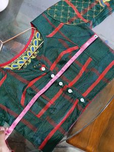 Dark Green &amp; Red Checkered Embroidered Silk Blouse