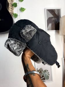 Black Winter Trapper Hat with Faux Fur