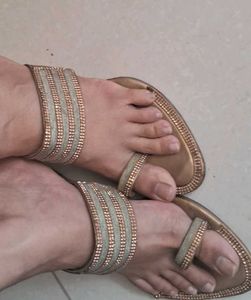 Embellished golden wedged saree sandals