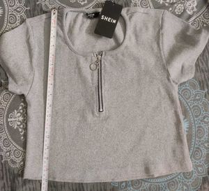Grey Cropped Zip-Up T-Shirt