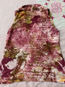 Pink Sleeveless Button-Up Top with Fairy Graphic