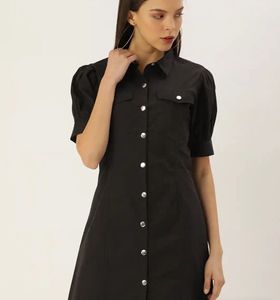 forever 21 Black Puff Sleeve Button-Up Dress