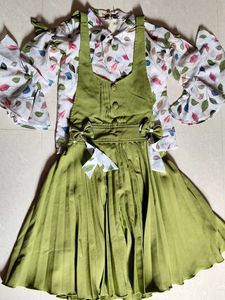 Cute Green Pinafore Dress with Floral Top