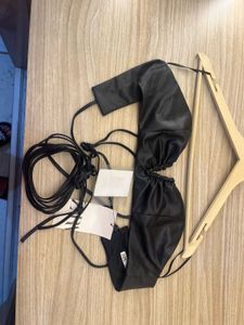 ZARA Black Faux Leather Ruched Crop Top