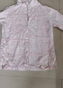light pink schiffli top with weave and embroidery