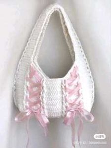 Cream Crochet Corset Bag with Pink Ribbons