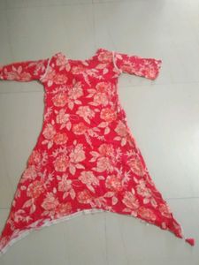 Red Floral Kurta with Embellished Neckline