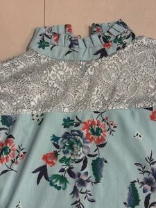 Light Blue Floral Lace Neck Top