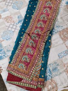 Exquisite Maroon &amp; Teal Embroidered Saree