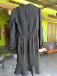 Elegant Dark Grey Midi Dress with Button Detail