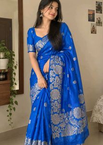 Vibrant Blue Banarasi Silk Saree with blouse piece