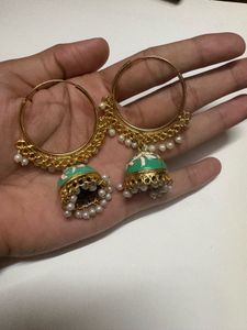Green Jhumka Hoop Earrings