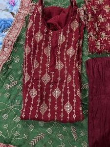 Red green banarsi suit with combo kurta phulkari