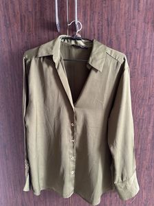 Chic Olive Green Satin Shirt