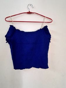 Blue Off-Shoulder Smocked Crop Top