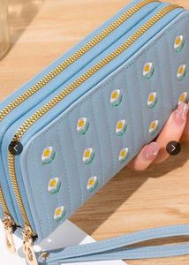 Cute Blue Daisy Double Zipper Wallet