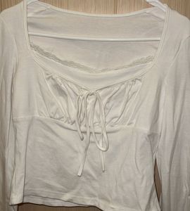 White Long Sleeve Lace Trim Tie-Front Top