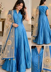Blue Satin Ethnic Gown with Embellished Dupatta