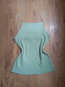 Mint Green Ribbed Tank Top with Pearl Straps
