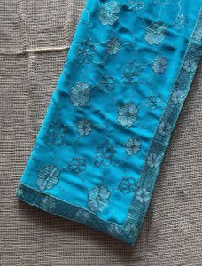 Turquoise Floral Embroidered Saree with Blouse