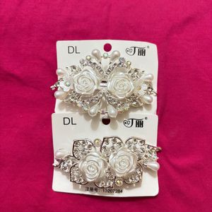 Elegant White Rose & Pearl Hair Clips Set of 2