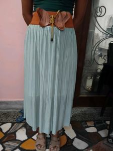 Premium Shiny Mint Green Pleated Maxi Skirt (Size