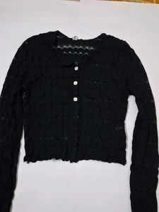 Black Textured Button-Up Top