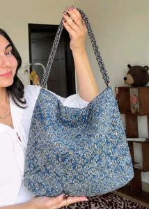 Blue Tweed Hobo Bag with Pouch
