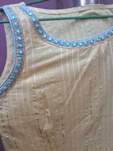 Yellow Striped Kurta Set with Embellished Neckline