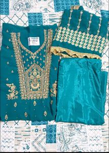 Beautiful Teal Suit Set with Golden Embroidery