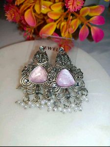 Exquisite Pink Stone &amp; Pearl Jhumka Earrings