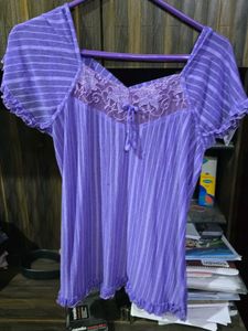 Purple Striped Nightgown with Lace