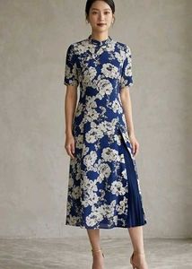 Blue Floral Print Midi Dress