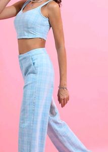 Blue Plaid Crop Top & Pants co-set