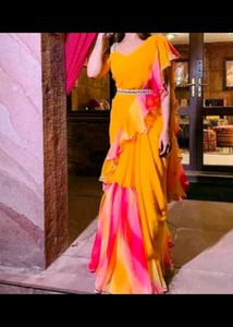 Bright Yellow &amp; Pink Ruffle Saree