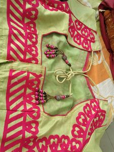 Vibrant green with Pink embroidery blouse