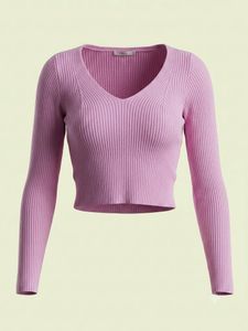 Lilac Ribbed V-Neck Crop Top