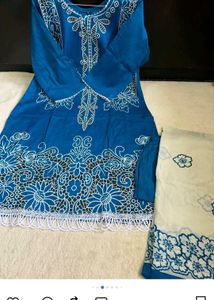Blue Kurta Set with White Dupatta