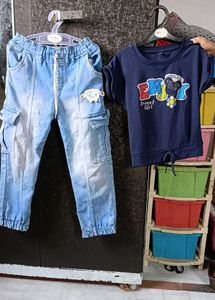 🌟 Stylish Navy Top &amp; Heavy Denim Cargo Joggers