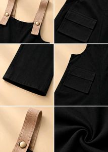 BLACK RIBBED WIDE-LEG DUNGAREES WITH BEIGE STRAPS