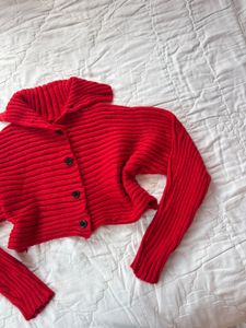Red Cropped Knit Cardigan