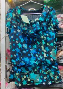 Blue Star Print Ruffle Chiffon Blouse