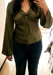 Olive Green Bell Sleeve Tie-Front Top