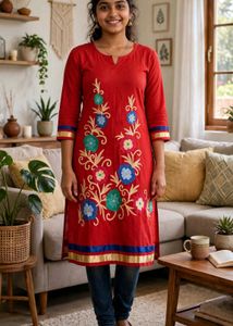 Red Embroidered  Kurta