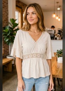 Boho Chic V-Neck Lace Trim Peplum Top – Beige