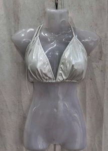 13258. Shiny Silver Halter Bikini Top