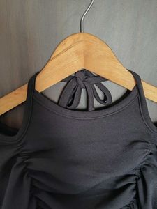 Chic Black Ruched Cold Shoulder Top