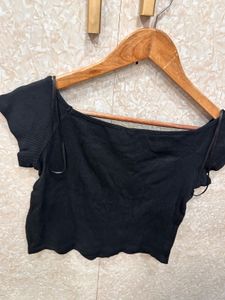 Black Off-Shoulder Ruched Crop Top